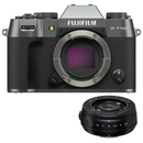 Fujifilm X-T50 Mirrorless Camera in Charcoal Silver with Fujinon XF 23mm f/2 R WR lens attached, front view.