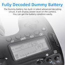 Close up view of a Canon camera top panel showing the full decoding battery indicator active when using the KingMa dummy battery block.