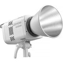 Front-right 45-degree view of the Godox LE300Bi bi-color LED light with the included Bowens mount reflector attached.