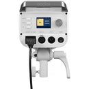 Rear view of the Godox LE300Bi showing the bright LCD control panel, dual adjustment knobs, and the built-in AC power input.