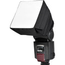 Godox SB1010 softbox mounted on a Godox V860III speedlite for professional on-camera light diffusion.