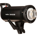 Angled front-left view of the Godox SK400II-V monolight highlighting the 10W LED modeling lamp and protective cover.