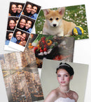 Side-by-side comparison of Swiftfoto holographic media vs standard glossy paper, highlighting the shimmering rainbow effect and HD color saturation for photo booths.