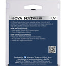 The back of the product packaging for the Hoya NXT Plus UV filter detailing specifications like Schott B270 glass, 360nm UV cut, and 10-layer coating.