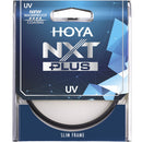 The front retail packaging plastic case of the Hoya NXT Plus UV slim frame filter featuring the blue design and new waterproof coating logo.