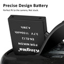 Close-up profile view of the KingMa EN-EL12 1150mAh battery being slid and inserted smoothly into the open battery compartment of a compatible compact camera body.
