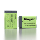 Close-up of the specifications label on the King Ma NB-13L battery showing the 1010mAh 3.6Wh capacity ratings and certifications.