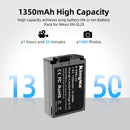 Specification sheet graphic for KingMa 1350mAh high-capacity battery showing up to 1 hour 25 minutes of video use or over 1580 photos.