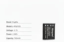 Detailed label on KingMa replacement battery showing 3.7V, 700mAh, 2.6Wh capacity ratings and brand model cross-compatibility chart.