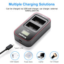 Close-up of the bright smart LCD display on the KingMa BM058 camera charger showing dual-slot power meters at Best Camera Store.