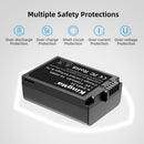 KingMa battery safety protections diagram showing over-charge, over-discharge, short-circuit, over-current, and over-voltage safeguards.