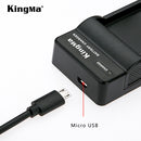 Clean flatlay overview layout showing the KingMa single slot charger dock, battery block, and micro-USB power cord.