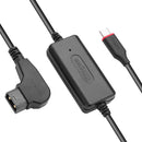 Close-up of the KingMa D-Tap to USB-C charging cable showing the gold-plated P-Tap connector and the Type-C Power Delivery end.