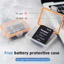 KingMa EN-EL12 1150mAh lithium-ion replacement battery for camera standing next to its included clear plastic protective storage box.