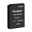 Close-up view of the printed specifications label on the KingMa EN-EL12 battery explicitly showing the 1150mAh 3.7V 4.3Wh capacity rating.