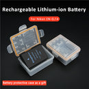 KingMa EN-EL14 replacement battery bundle for Nikon, displaying the black battery pack next to its included transparent travel protection case with an orange seal ring.