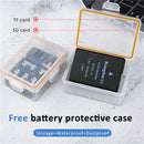 Detailed view of the free KingMa battery protective case next to a laptop, showing designated built-in storage slots for a TF card and an SD card.
