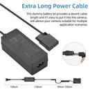 Technical layout drawing demonstrating the extended multi-meter cord runtime reach of the KingMa EN-EL14 power adapter kit.