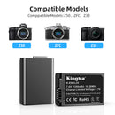 KingMa EN-EL25 battery compatibility chart featuring Nikon Z50, Nikon Zfc, and Nikon Z30 mirrorless cameras.