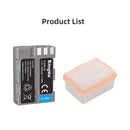 KingMa EN-EL3E 1600mAh lithium-ion replacement battery for Nikon standing next to its included clear plastic protective storage box from Best Camera Store.