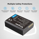 Technical specifications and 1020mAh power rating on the back plate of the KingMa LP-E10 battery sold by Best Camera Store
