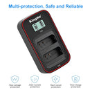 Close-up view of the KingMa dual slot charging bays designed for simultaneous charging of two Canon LP-E10 style batteries.