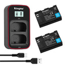 KingMa LP-E6 dual camera battery kit including two 1960mAh batteries, one dual slot smart LCD charger, and a Type-C USB cable.
