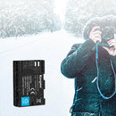 A KingMa LP-E6 1960mAh lithium camera battery shown next to a photographer shooting outdoor winter landscape photos in the snow.
