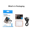 The complete retail set featuring one KingMa 1960mAh USB-C LP-E6 battery, charging cord, and its clear transport safety case
