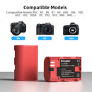 Technical specifications, 2000mAh power rating, and compliance markers on the back of the KingMa LP-E6NH battery