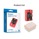 The complete retail package layout displaying the KingMa 2000mAh LP-E6NH battery and its transparent travel safety case