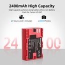 Technical product specification and safety data plates on the underside of a KingMa LP-E6P 7.4V battery cell