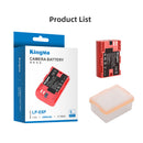 Full retail display showing the KingMa 2400mAh LP-E6P camera battery alongside its custom travel safety box