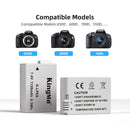 Technical product specifications, 1120mAh power rating, and compliance symbols on the back plate of the KingMa LP-E8 battery