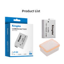 Full retail display showing one KingMa 1120mAh LP-E8 camera battery alongside its clear travel safety case