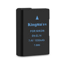 Studio close-up shot of the KingMa EN-EL14 rechargeable lithium-ion battery for Nikon cameras, highlighting the 7.4V 1030mAh 7.6Wh specification markings.