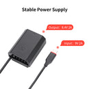 Technical details overlay explaining the 9V 2A USB-C input requirements and internal electronic protection filters of the KingMa FZ100 coupler loop.