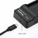 Clean flatlay overview layout showing the KingMa single slot charger dock, battery, and micro-USB power cord.