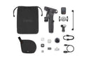 Complete flat lay layout of the DJI Osmo Mobile 8P Creator Combo with the wireless mic system, fill light module, and accessories at Best Camera Store.