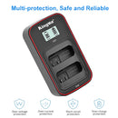 Graphic showing the Nikon EN-EL14 format dual battery charger by KingMa detailing its multi-protection safety circuits at Best Camera Store.