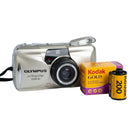 Front view of mint condition Olympus Stylus Epic Zoom 80 35mm color camera with extended lens with free kodak gold 35mm 200 iso 36 Exposure fresh film bundle at Best Camera Store