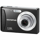 Angled front-left view of the Olympus T-110 camera highlighting its slim profile and sleek metallic body.