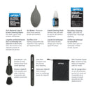 Infographic diagram displaying and labeling each element of the Optex kit in both English and French, including the anti-bacterial wipes, air blower, fluid, cloth, brush, lens pen, and travel bag.