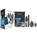 : Optex Complete 7-In-1 Camera Cleaning Kit retail packaging showing all included contents including the air blower, lens pen, brush, fluid, wipes, cloth, and soft travel bag.