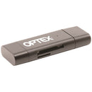 Optex dual-interface card reader upright showing its top USB-C connector and bottom USB 3.0 connector with an SD card and a microSD card inserted simultaneously.