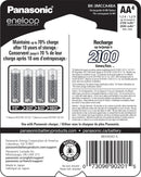 Panasonic Eneloop AA 4 pack back packaging details showing 2100 recharges and 10 year storage hold sold by Best Camera Store