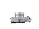 Top-down view of silver anodized aluminum dials and aperture ring on Panasonic LUMIX L10 at Best Camera Store