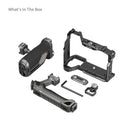 Complete package contents of the SmallRig 6028 HawkLock kit showing the cage, top handle, side handle, NATO rail, and HDMI clamp.
