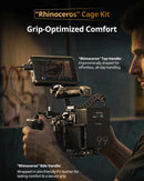 Handheld shooting using the quick-release HawkLock top handle on a Sony full-frame camera for low-angle videography.