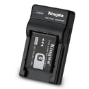 Angled profile view of a KingMa NP-BG1 camera battery securely seated inside the matching single slot charging cradle.